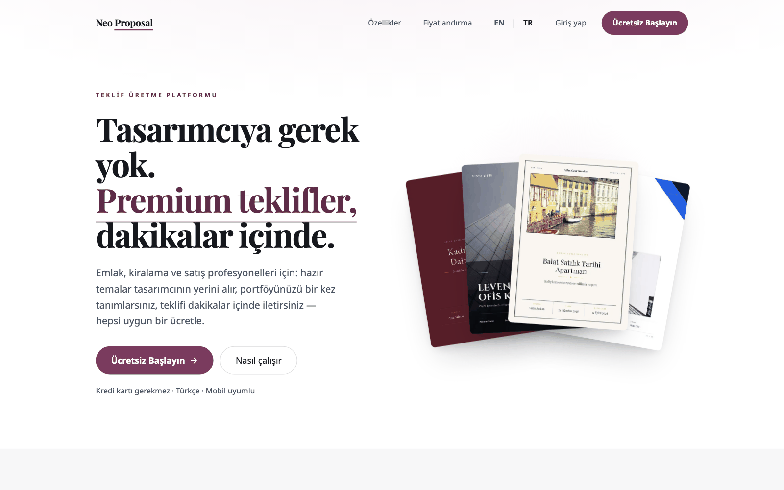 NeoProposal web platformunun ana sayfası